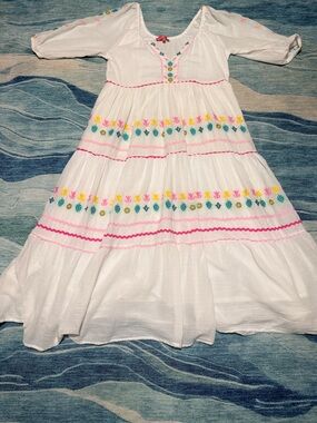 Simply Southern White Maxi Dress with Pink, Yellow, and Teal Embroidery